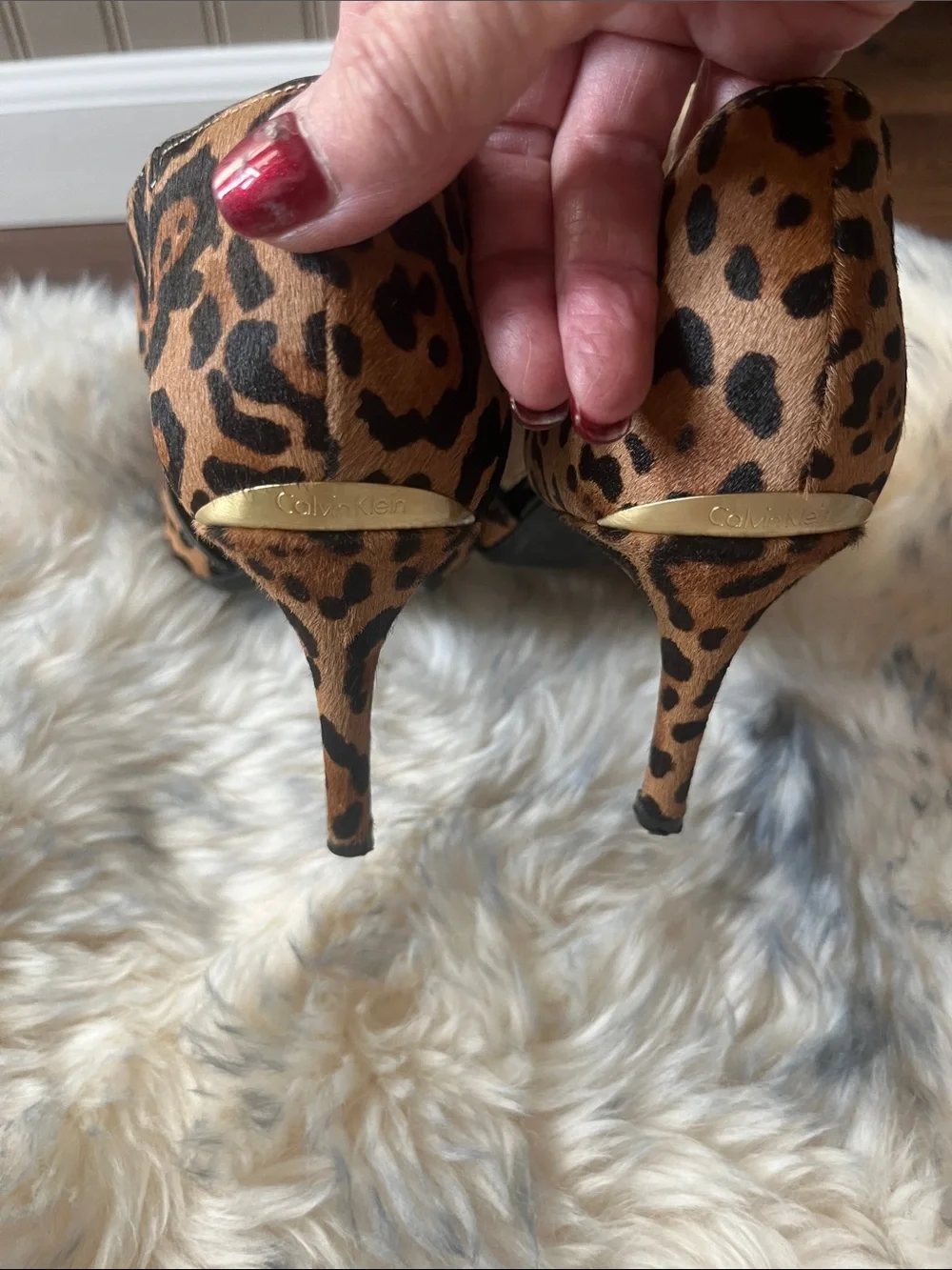 Calvin Klein  Leopard Print Pointed Toe Mary Jane Flats - Brown/Black